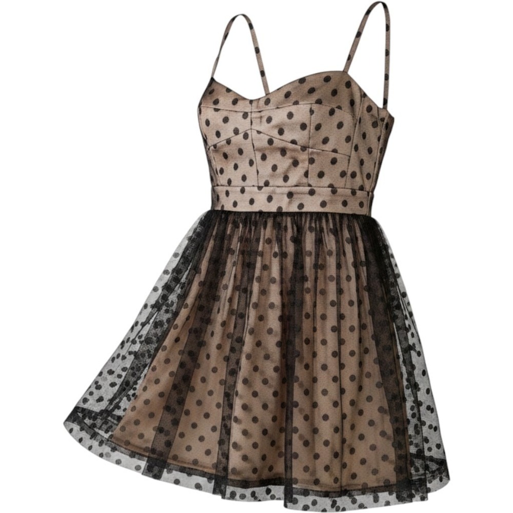 Fossil Polka Dot Tulle Mini Cocktail Dress S Tan Black Whimsigoth Pinup Retro